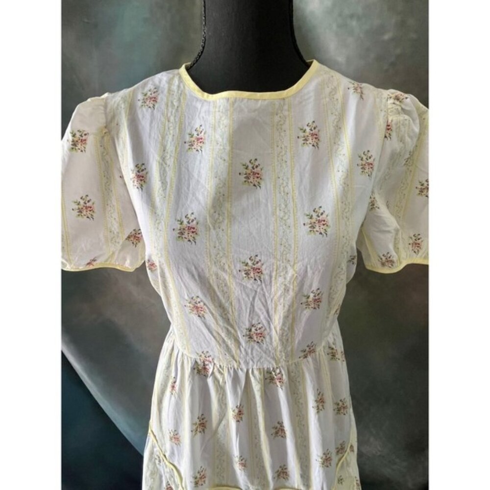 Glamorous Womens Floral Midi Dress Puff Sleeve Open Back Tie Yellow Trim - Picture 6 of 8